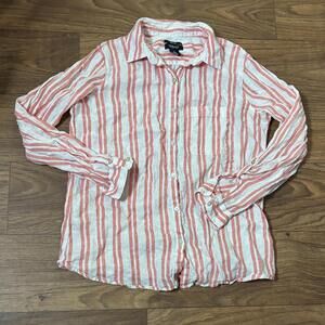 Jones & Co 100% Linen Pink Striped Button Down Long Sleeve Blouse Work Office